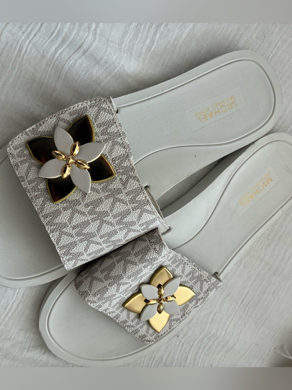Michael Kors White Logo Floral Slide Sandals with Gold Accents